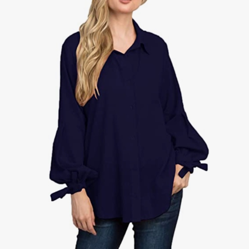 ACHIOOWA Women Casual Blouse Button Down V Neck Long Sleeve Swing Dress